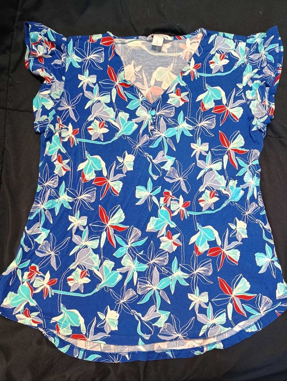 Liz Claiborne Royal Blue Floral V-Neck Top Women's Large